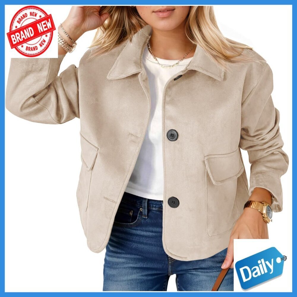 Faux Suede Cropped Leather Jacket Button Down Shacket Women's Casual Coat